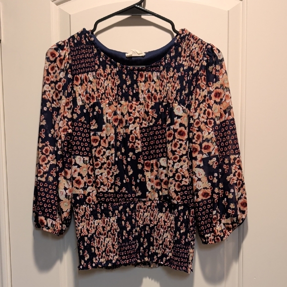 Ember Tops - Navy Floral Patchwork Blouse